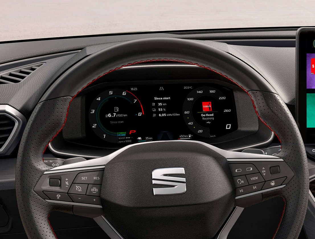 Geschwindigkeitsregelanlage mit automatischer Distanzkontrolle im Digital Cockpit des SEAT Leon  